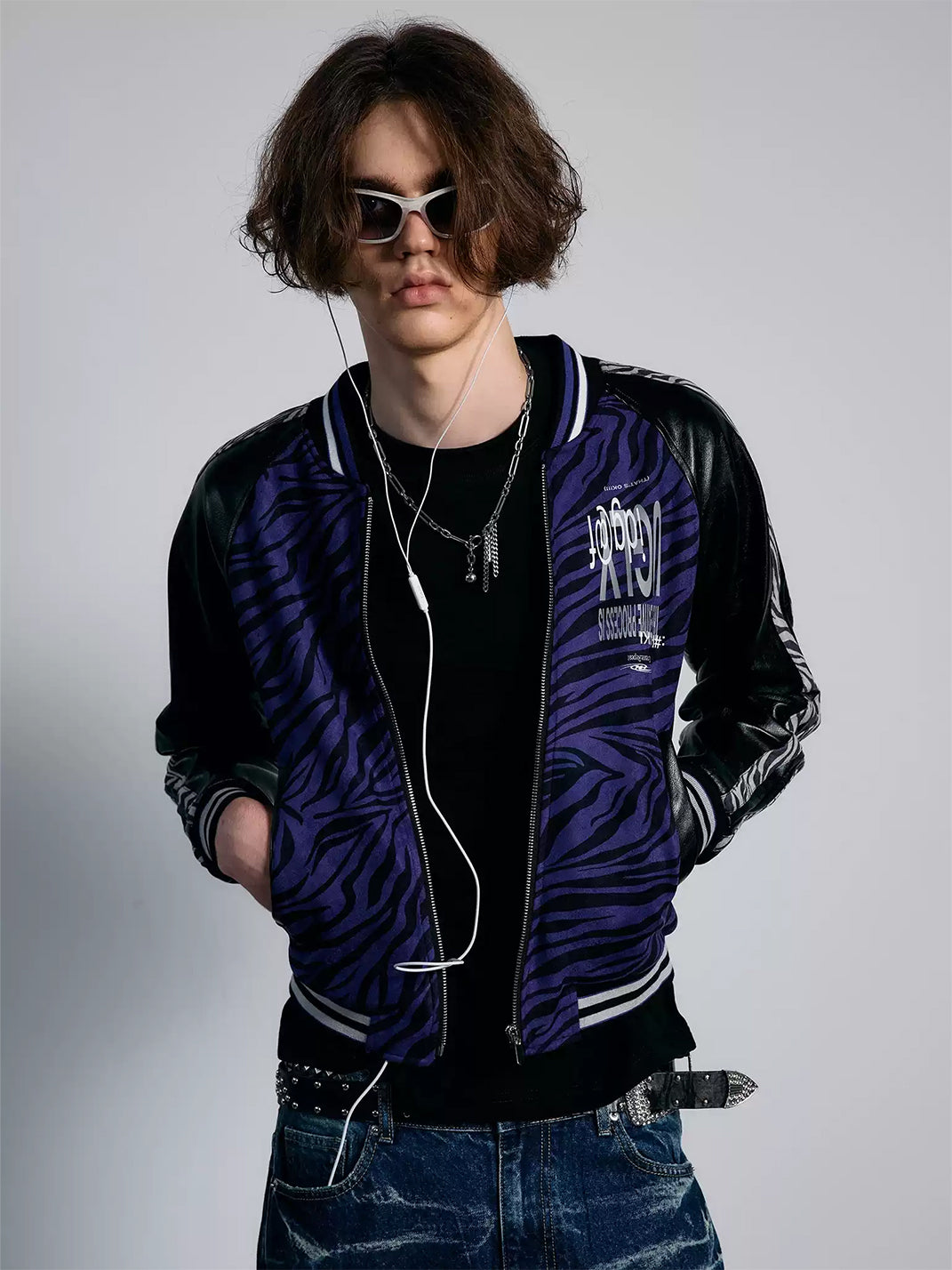 Violet Zebra Contrast-Sleeve Varsity Jacket - view 2