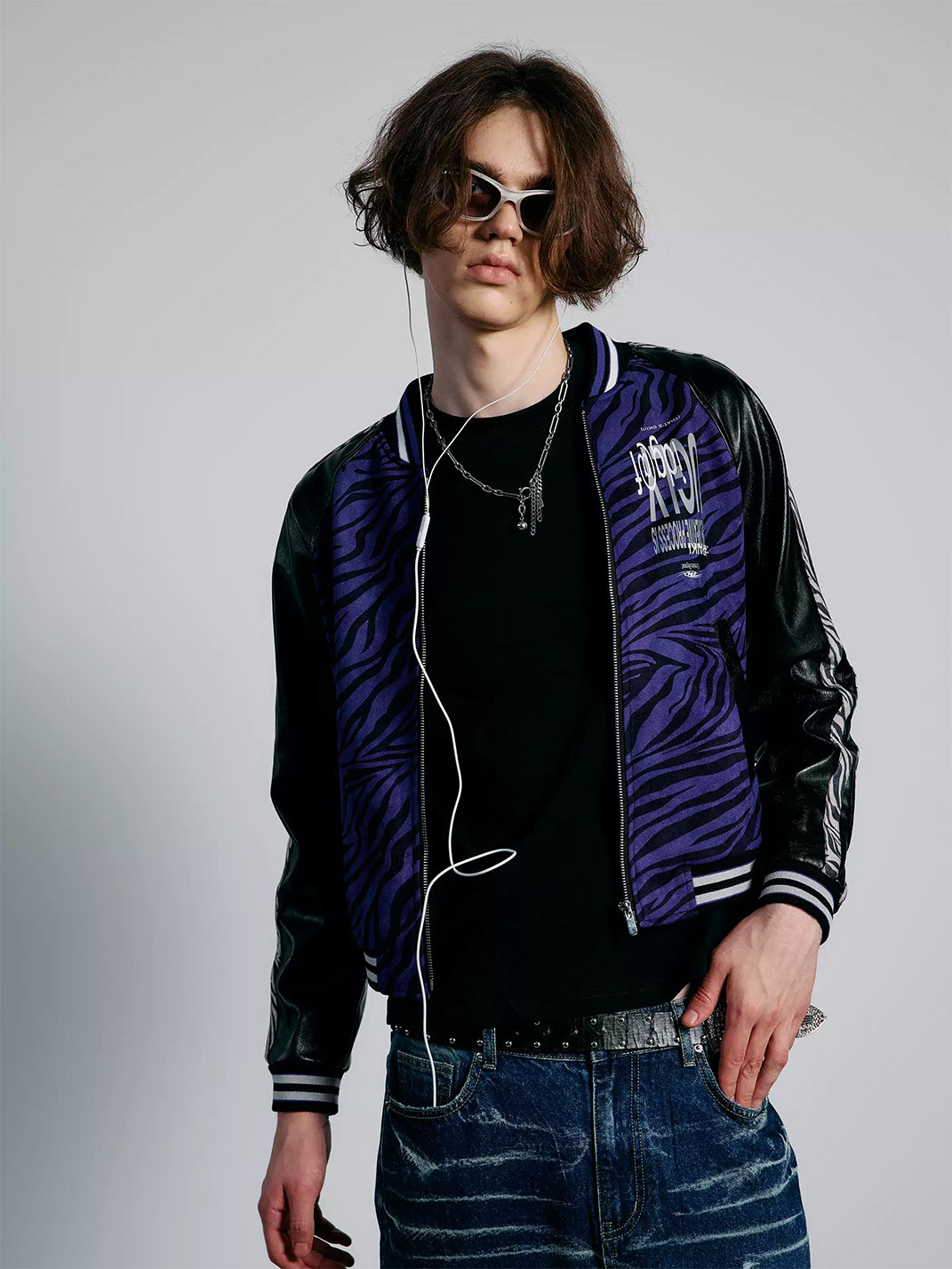 Violet Zebra Contrast-Sleeve Varsity Jacket - view 4