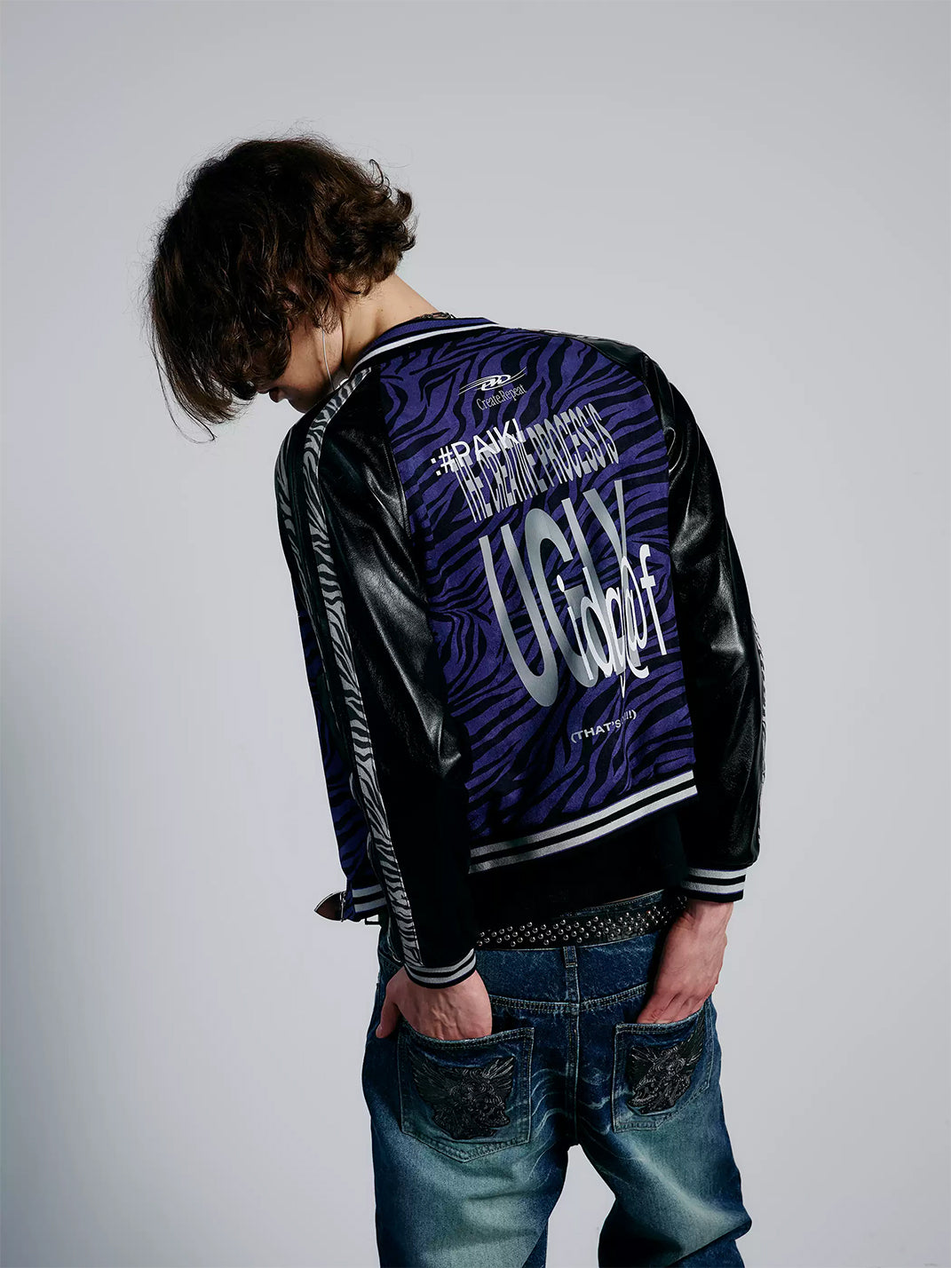 Violet Zebra Contrast-Sleeve Varsity Jacket - view 5
