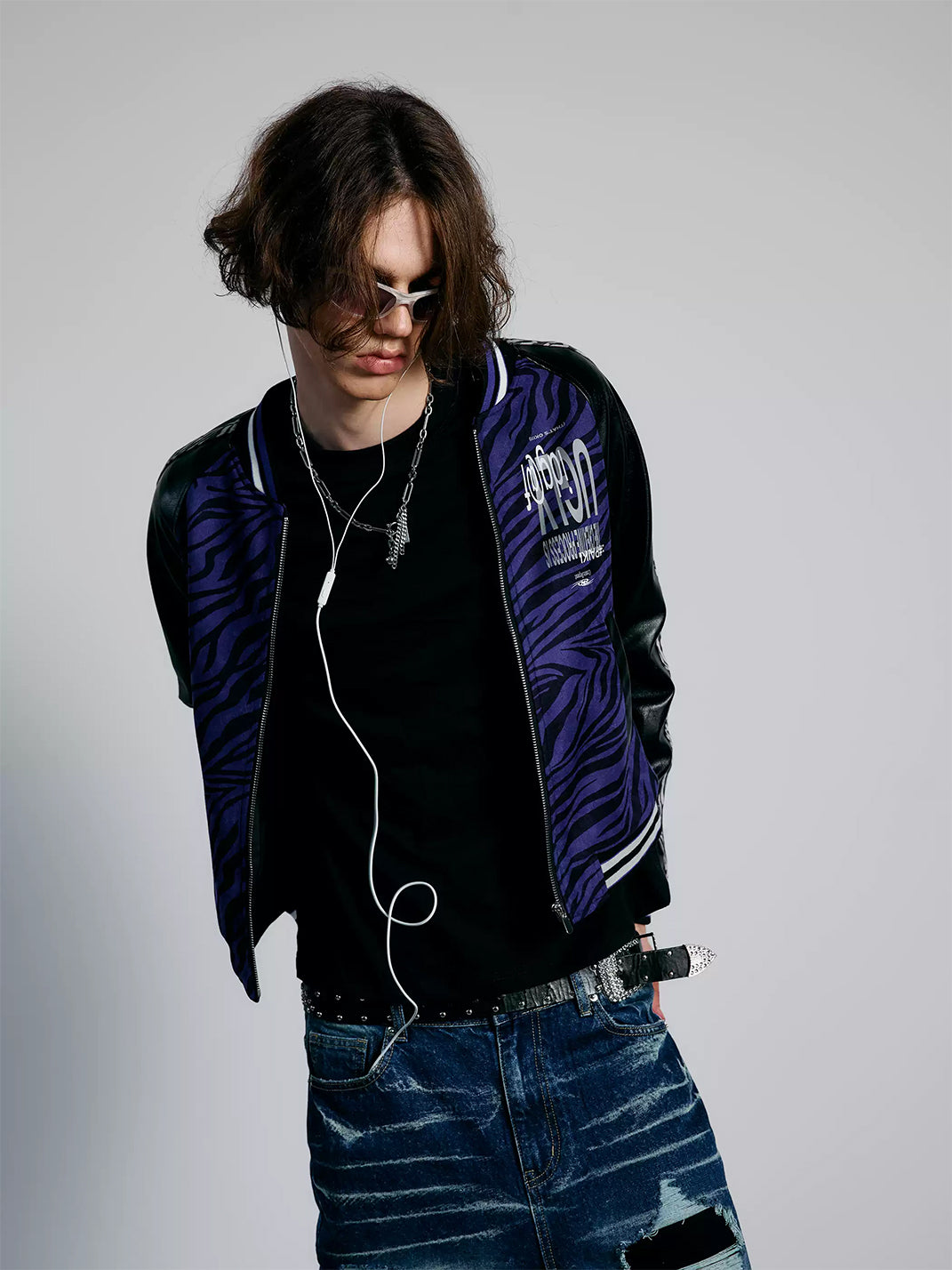 Violet Zebra Contrast-Sleeve Varsity Jacket - view 6