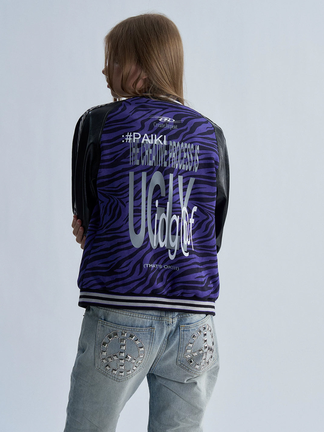 Violet Zebra Contrast-Sleeve Varsity Jacket - view 7
