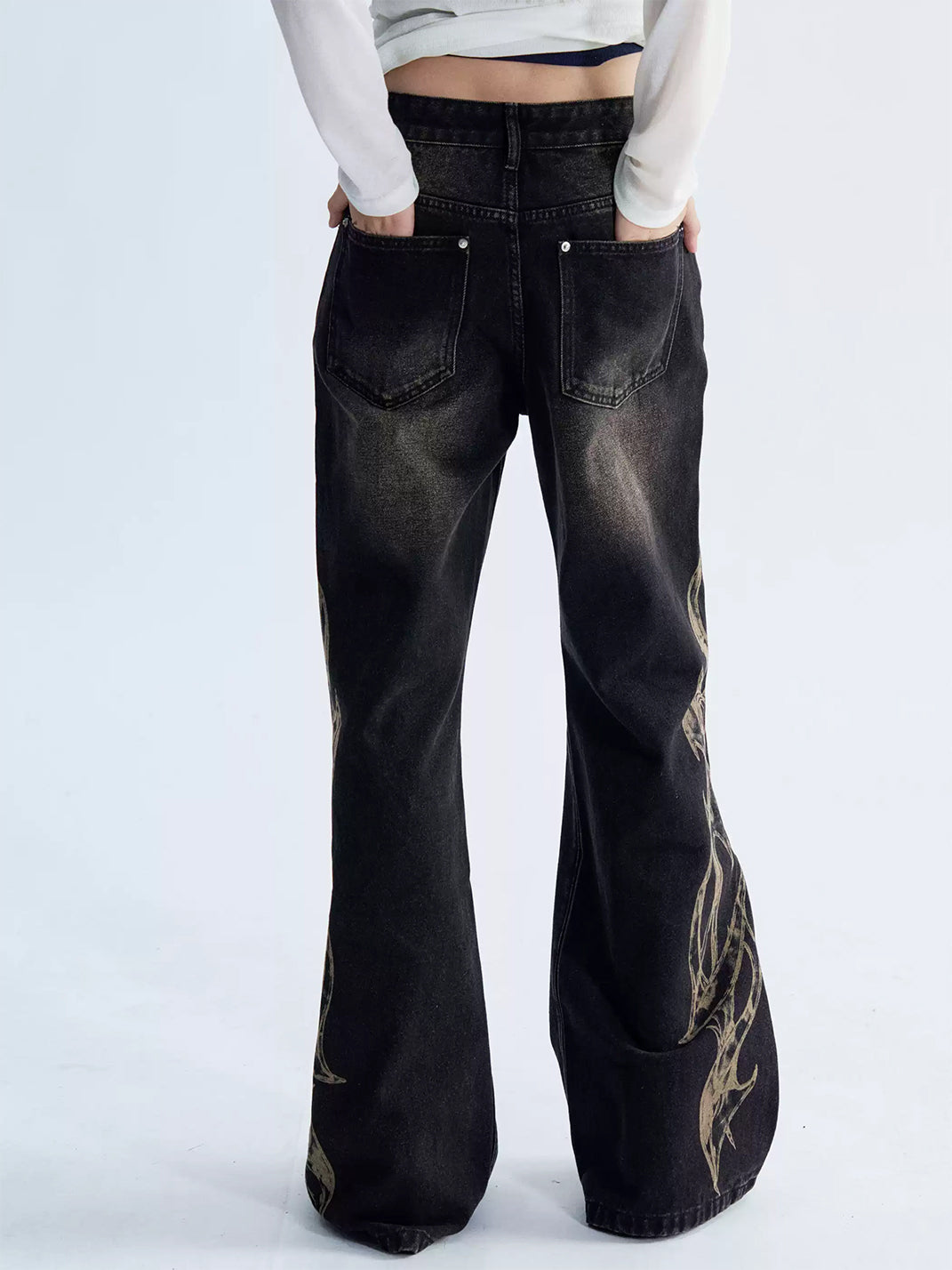 Studded Flame Print Washed Flare Jeans - view 5