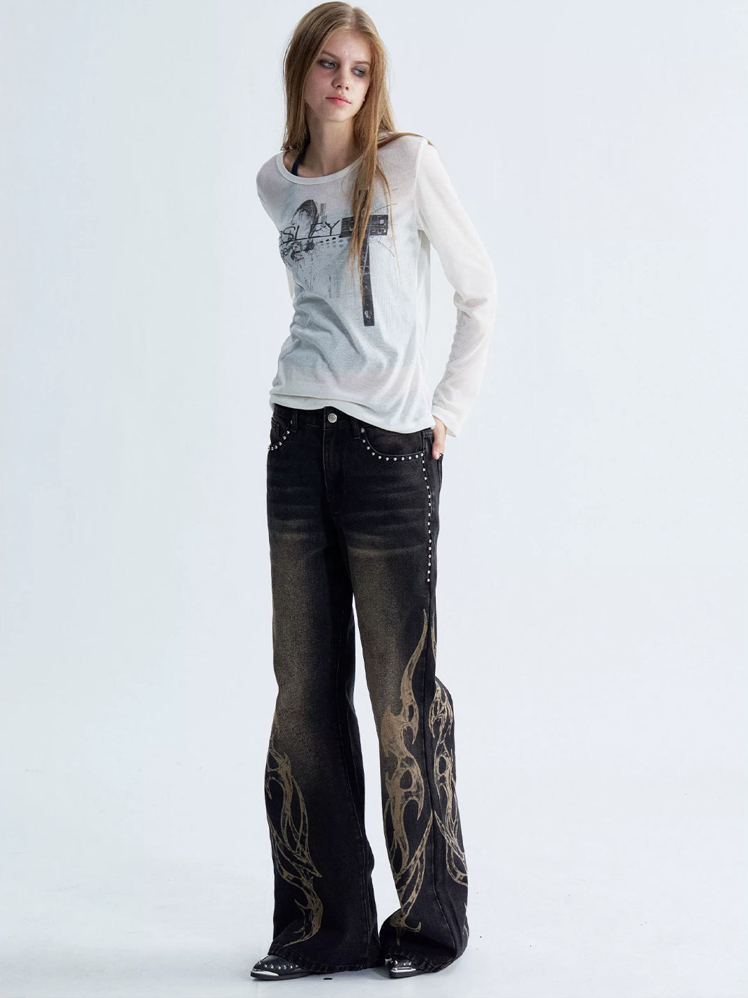 Studded Flame Print Washed Flare Jeans - view 8
