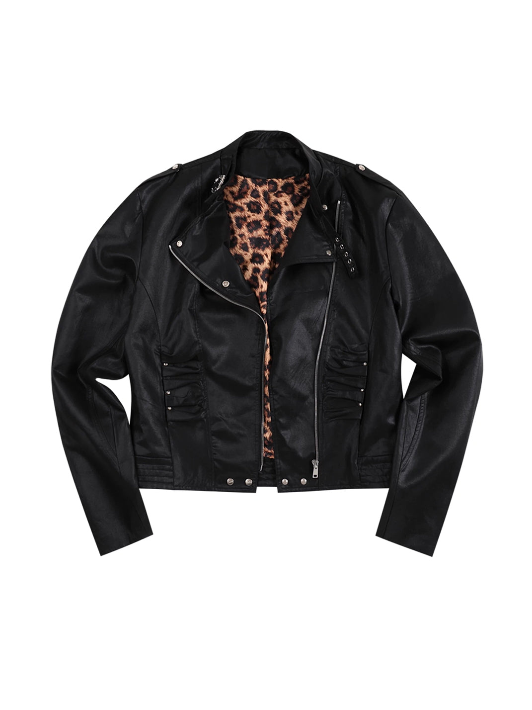 Leopard Lined Asymmetric Studded Zip Jacket - front view