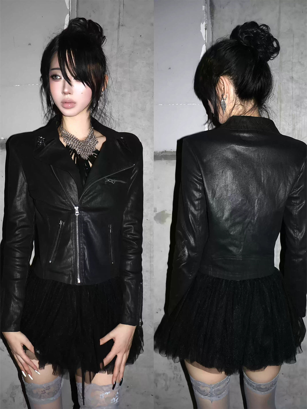 Studded Lapel Waxed Cotton Biker Jacket - product view 6