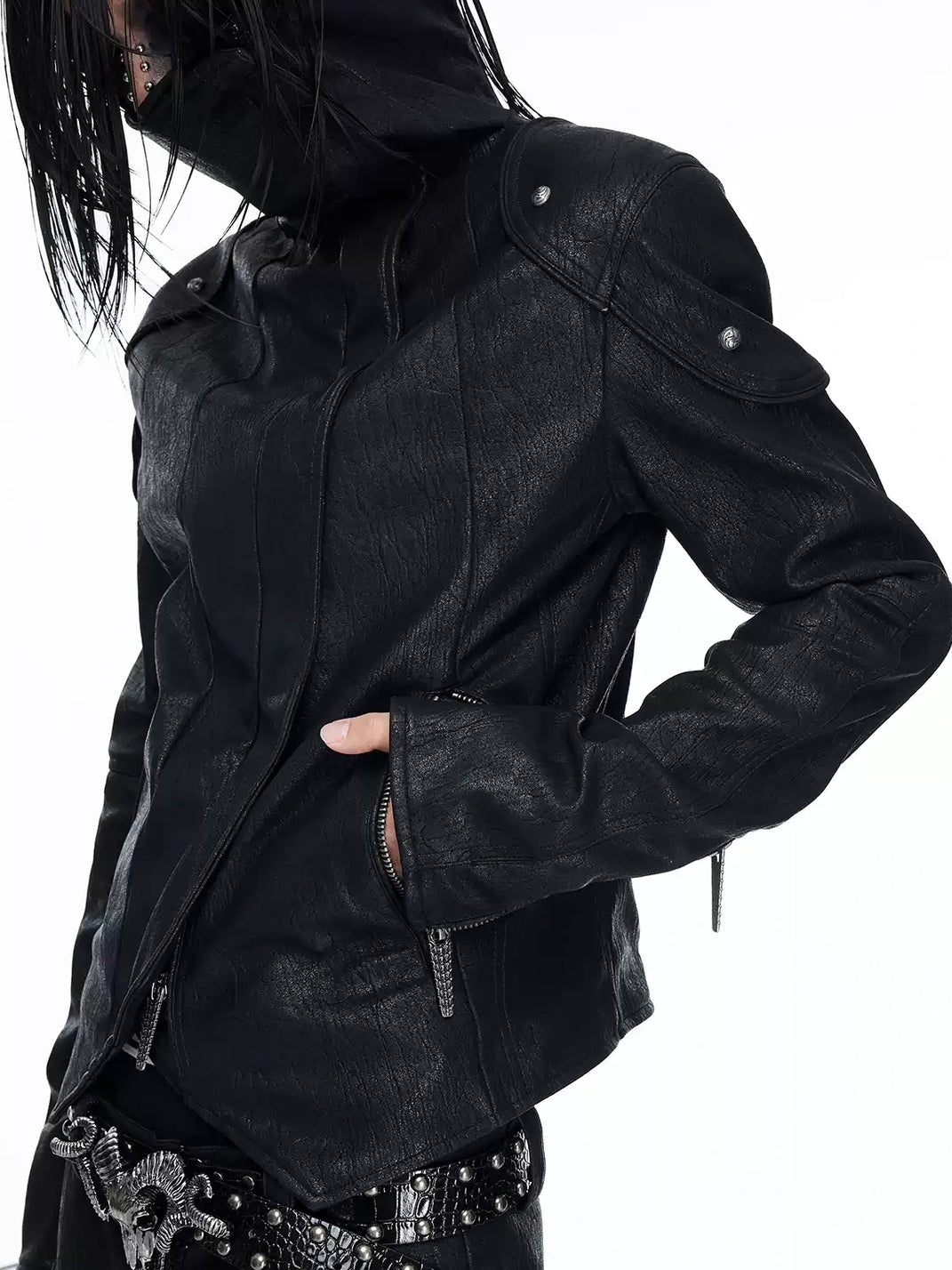 Lace Back Asymmetric Faux Leather Jacket - product view 2