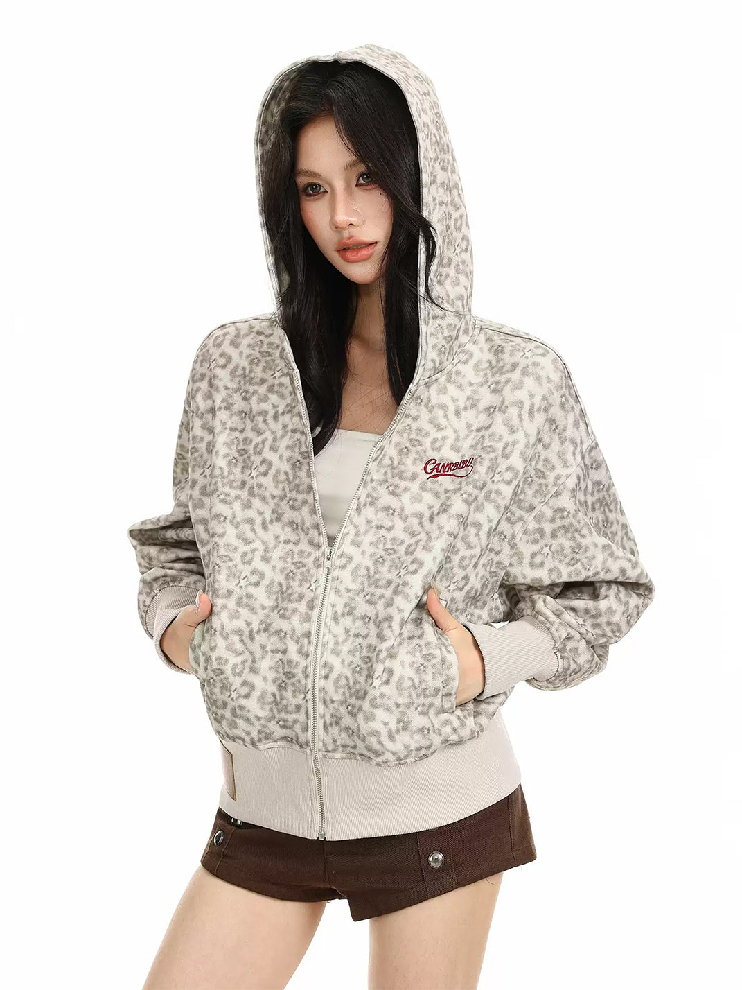 Leopard Print Ribbed Hooded Zip Jacket - product view 2