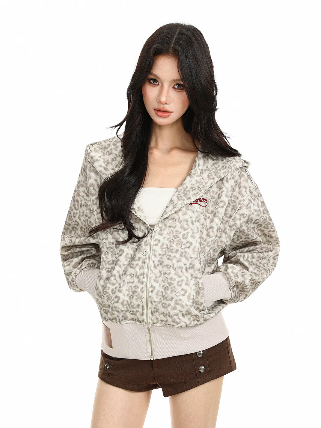 Leopard Print Ribbed Hooded Zip Jacket - product view 3