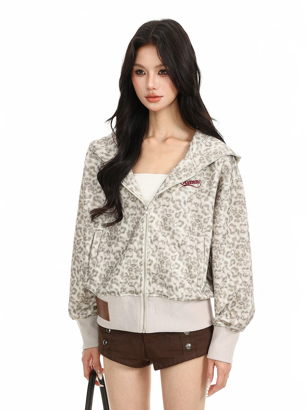 Leopard Print Ribbed Hooded Zip Jacket - product view 4