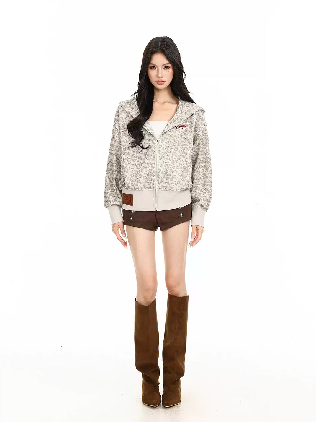 Leopard Print Ribbed Hooded Zip Jacket - product view 6