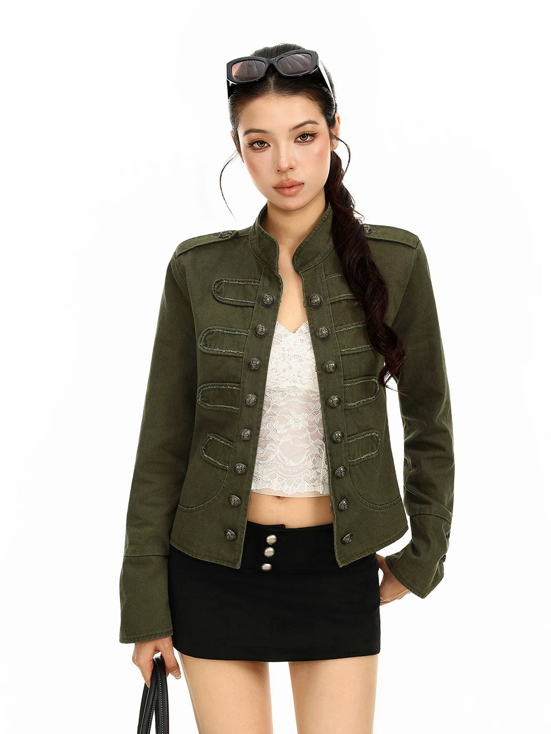 Mandarin Collar Cotton Military Detail Jacket - product view 3