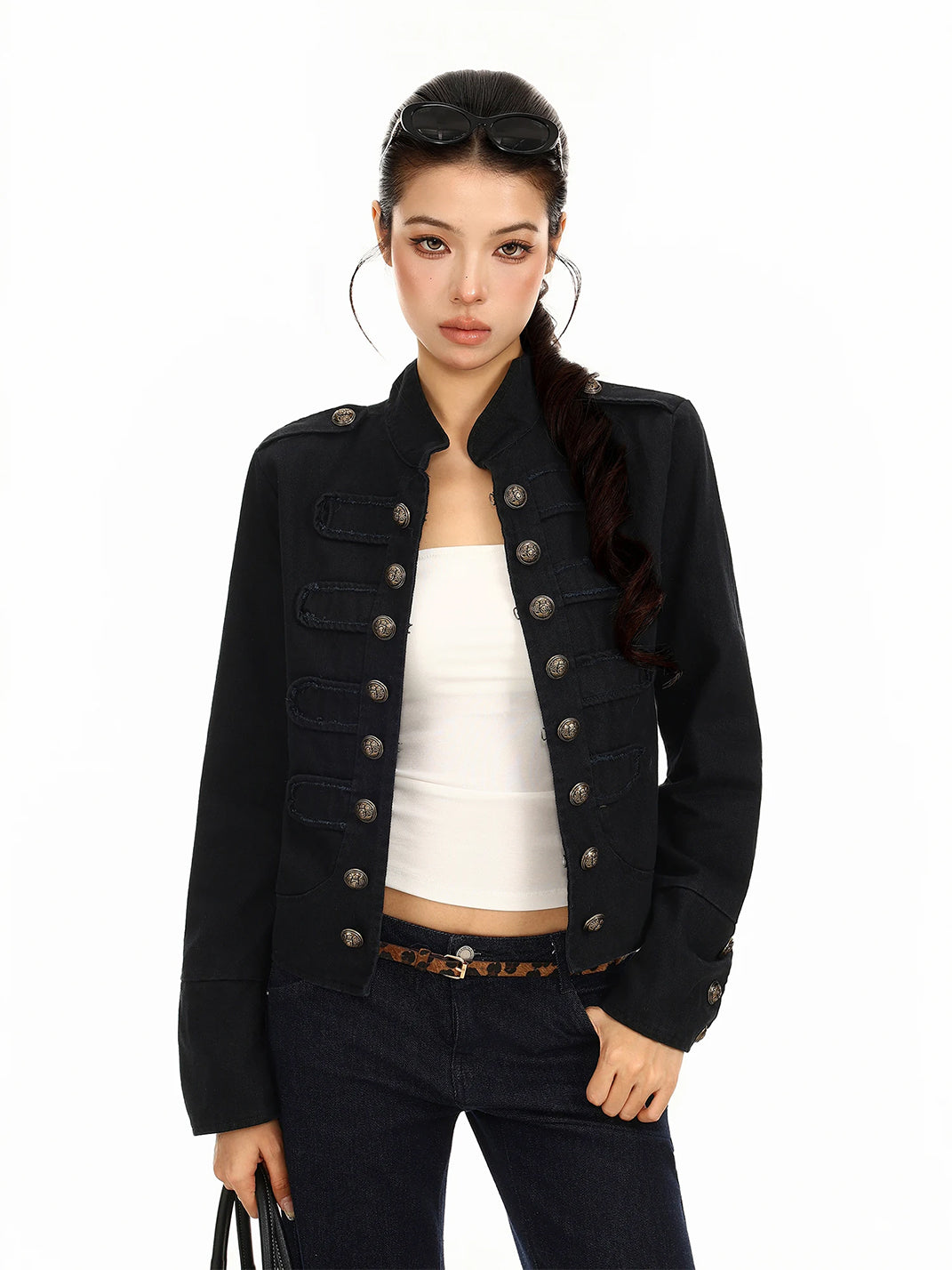 Mandarin Collar Cotton Military Detail Jacket - product view 5