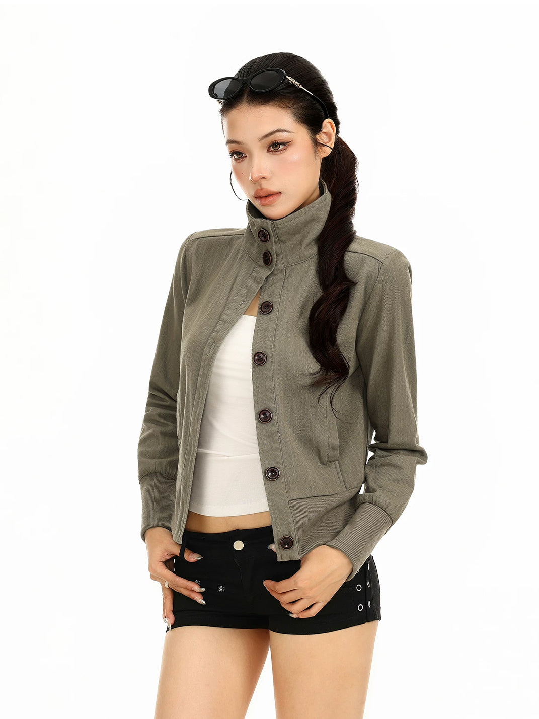 Cotton Button Front Stand Collar Jacket - product view 10