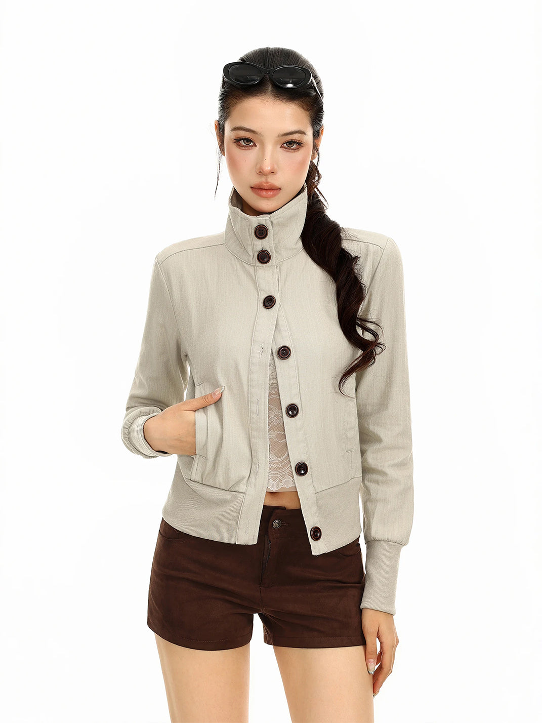 Cotton Button Front Stand Collar Jacket - product view 2