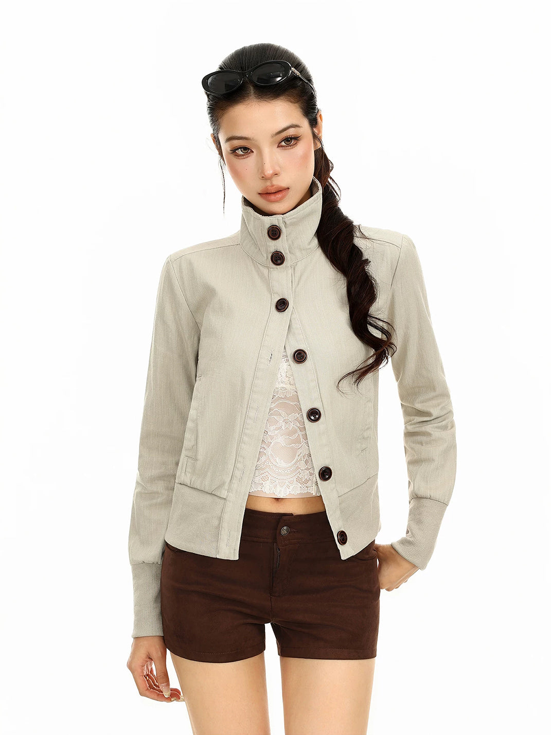 Cotton Button Front Stand Collar Jacket - product view 4