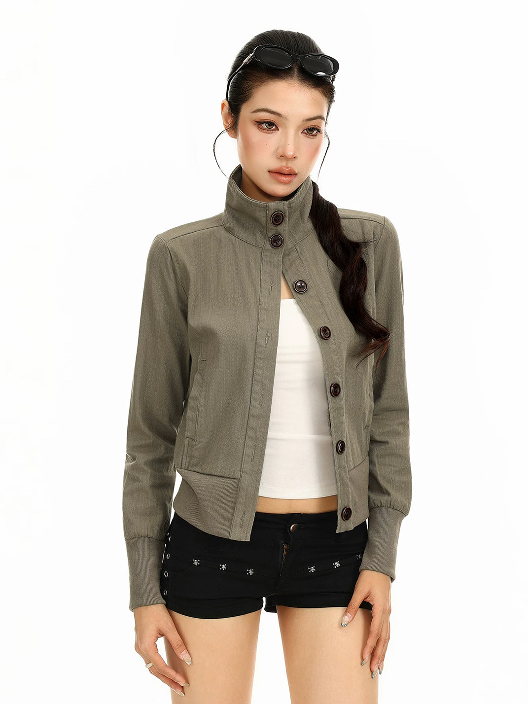 Cotton Button Front Stand Collar Jacket - product view 9