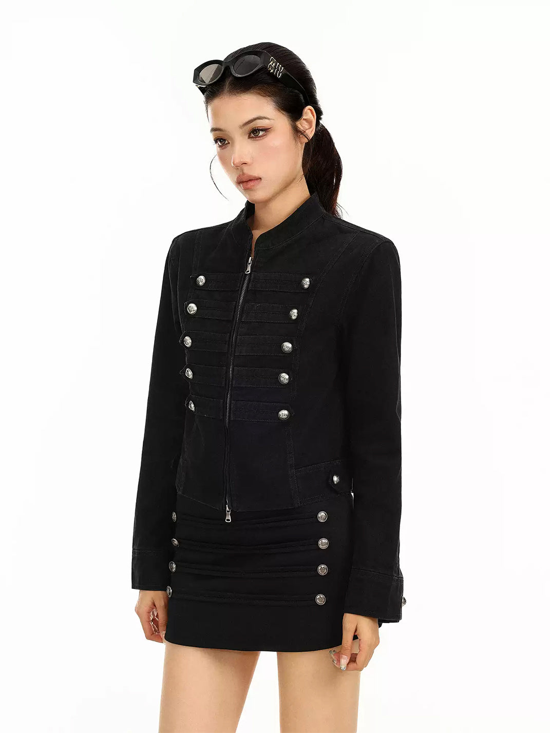Decorative Button Cropped Cotton Zip Jacket - product view 2