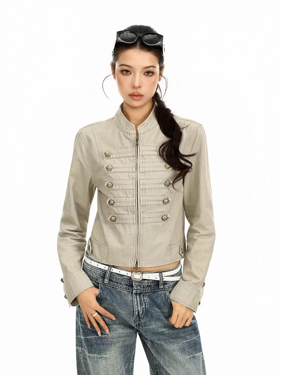 Decorative Button Cropped Cotton Zip Jacket - product view 7