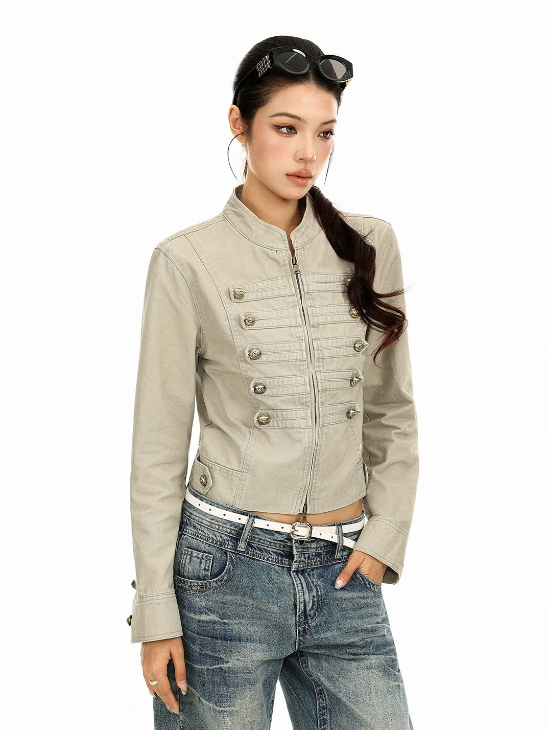 Decorative Button Cropped Cotton Zip Jacket - product view 9