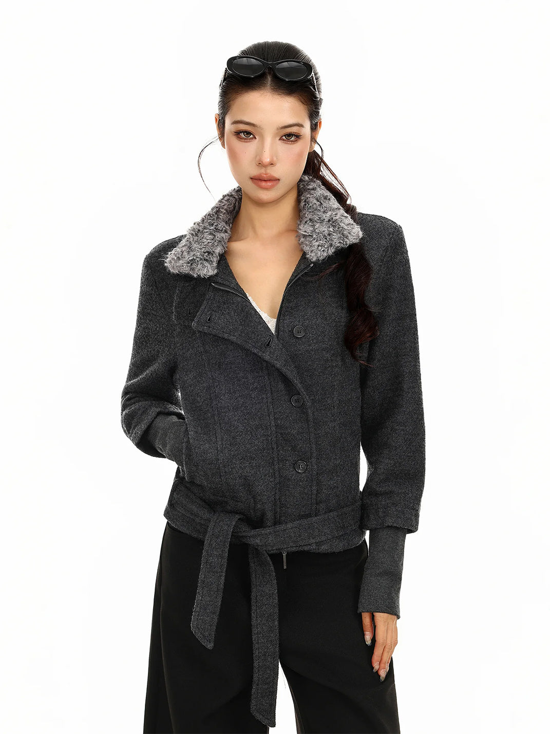 Belted Plush Collar Cropped Button Jacket - product view 1