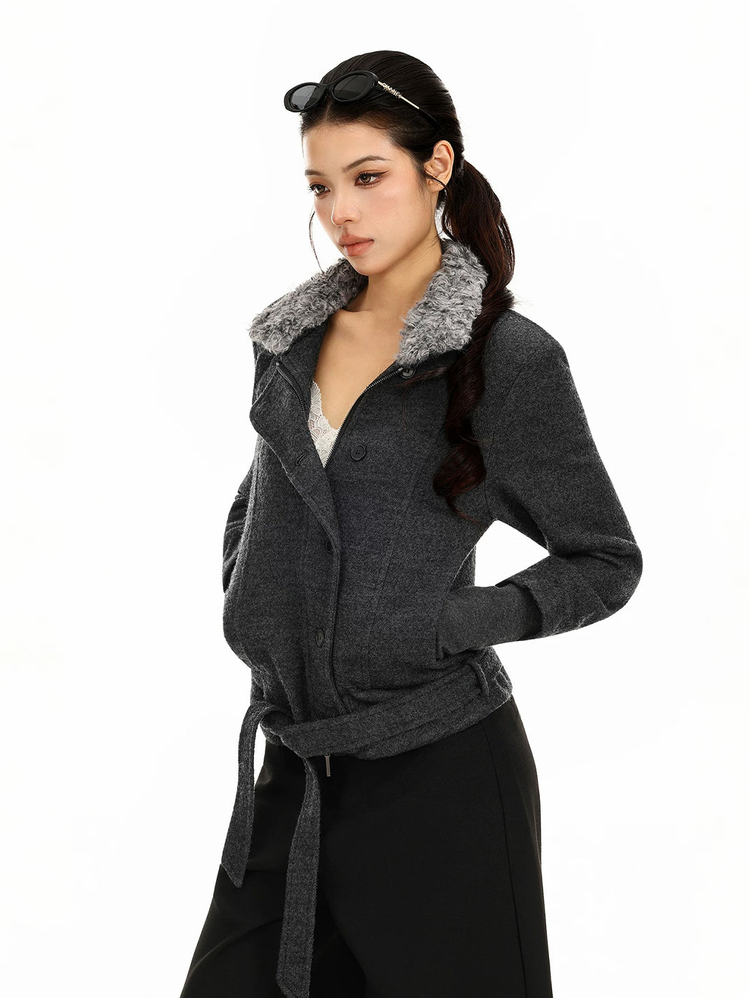 Belted Plush Collar Cropped Button Jacket - product view 4