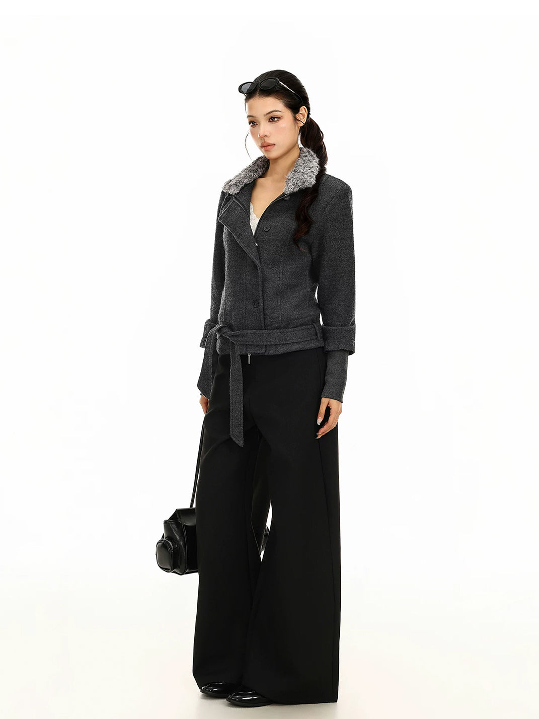 Belted Plush Collar Cropped Button Jacket - product view 6