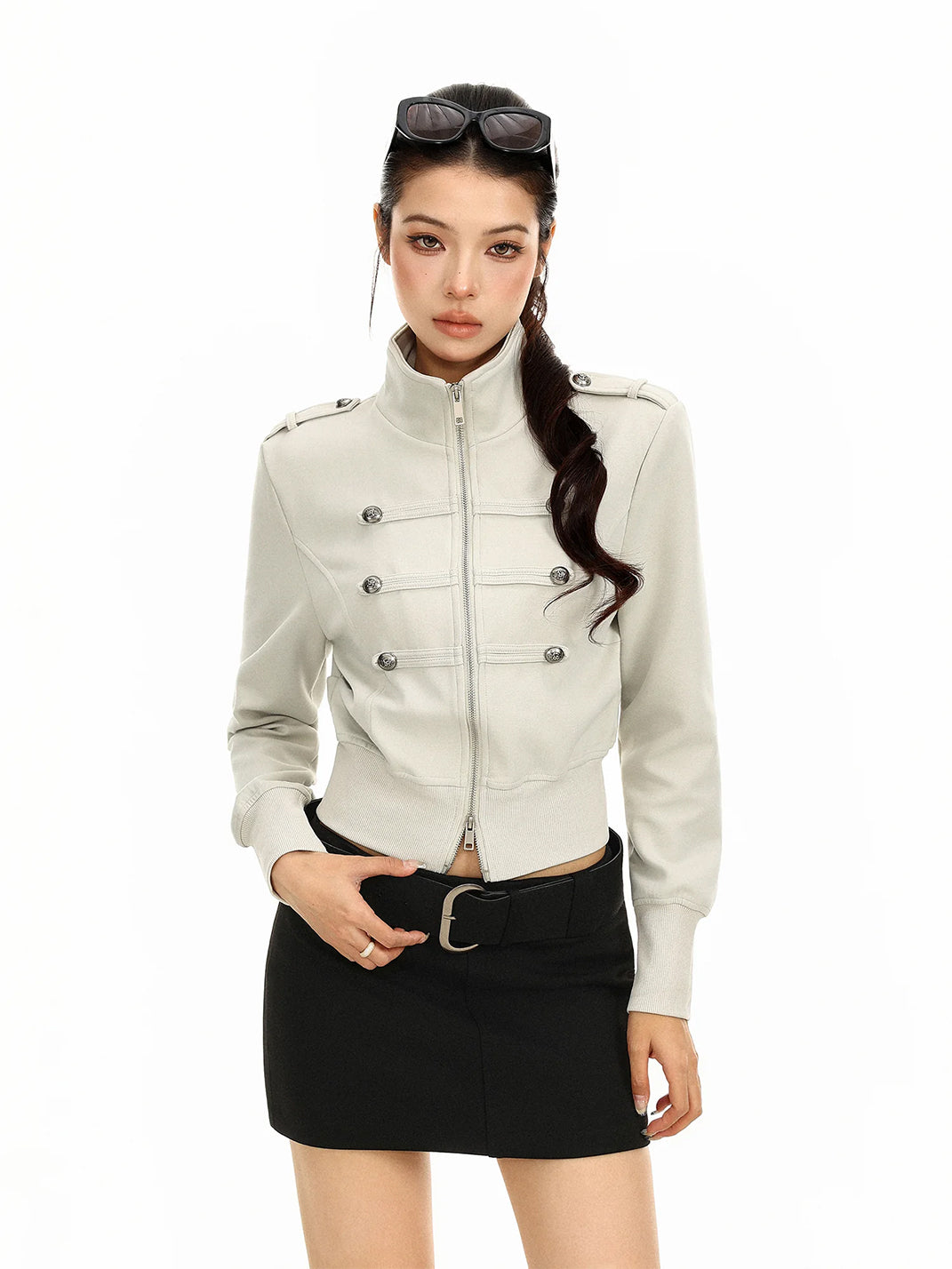 Epaulette Cropped Jacket With Silver Buttons - front view