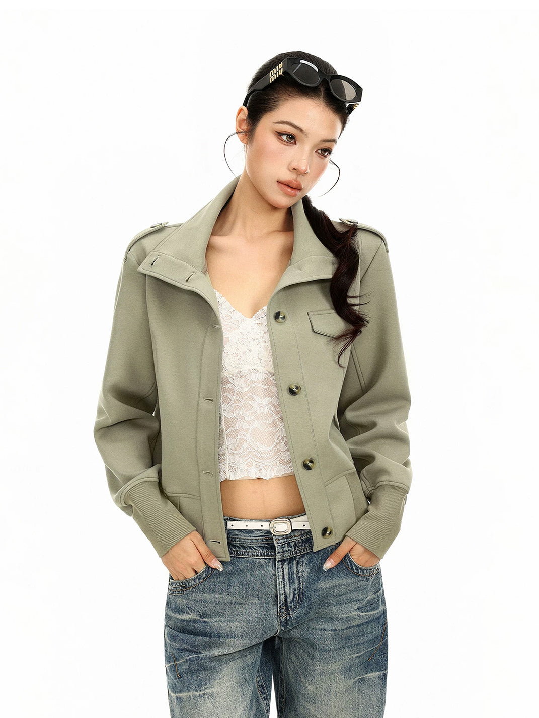 Epaulette Button Front Cropped Utility Jacket - product view 3