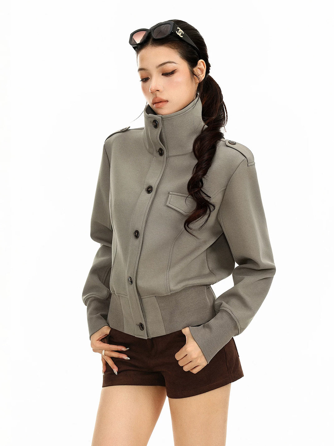 Epaulette Button Front Cropped Utility Jacket - product view 8