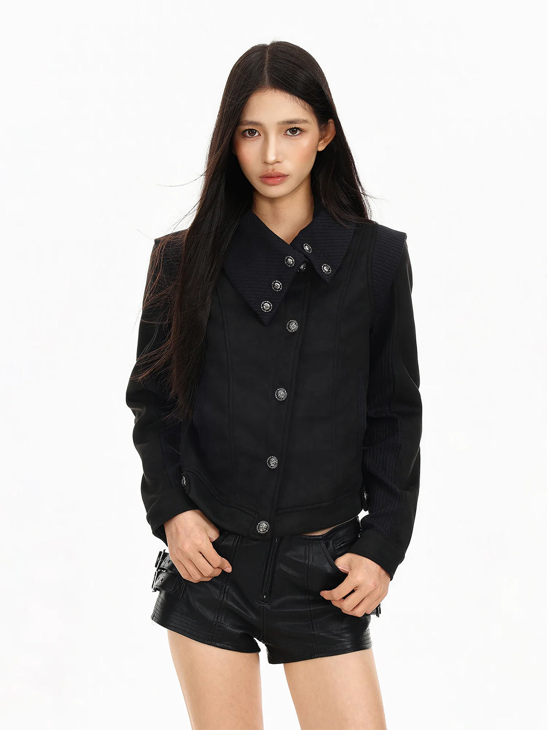 Ribbed Notched Collar Cropped Button Jacket - product view 2