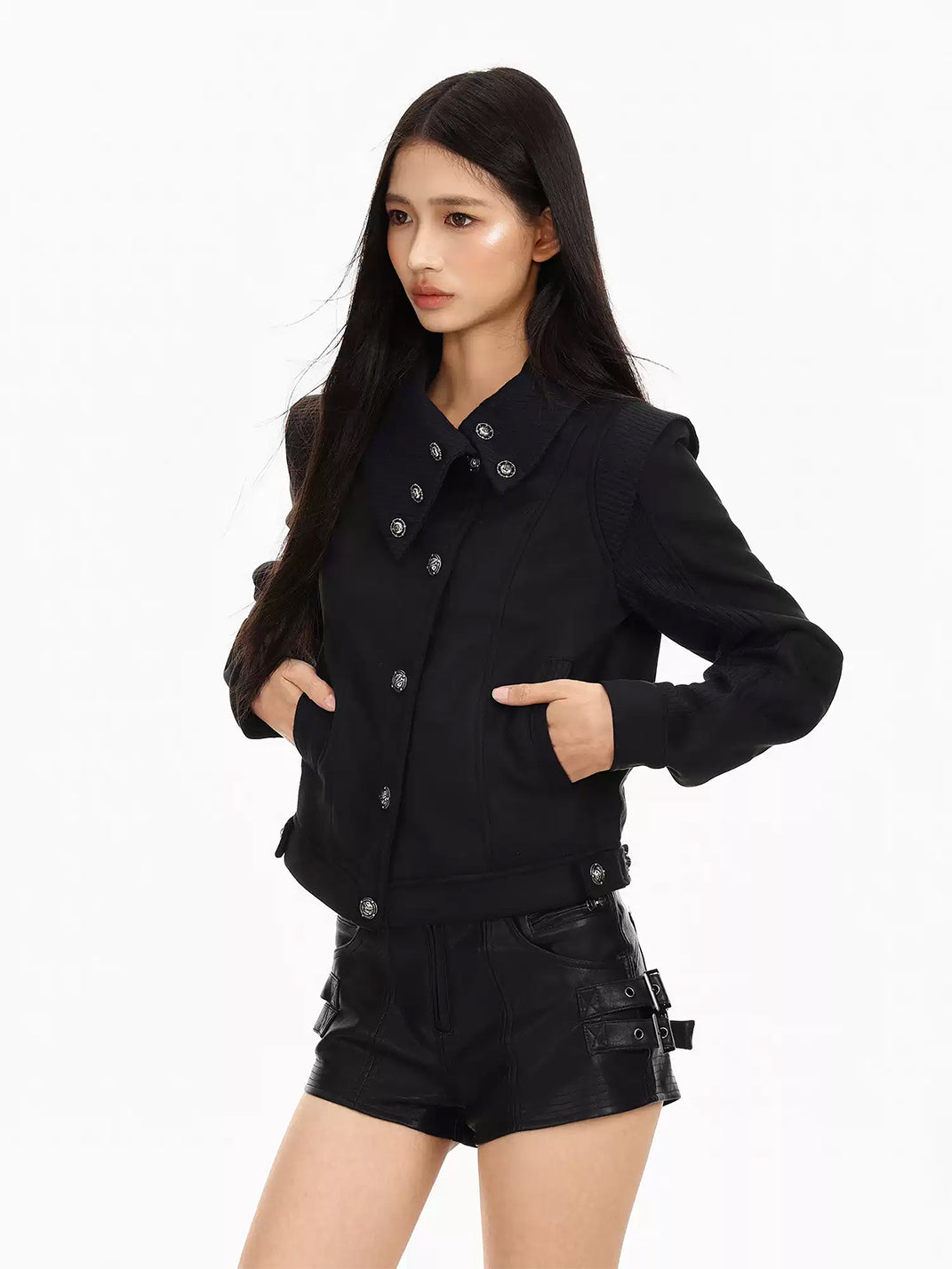 Ribbed Notched Collar Cropped Button Jacket - product view 3