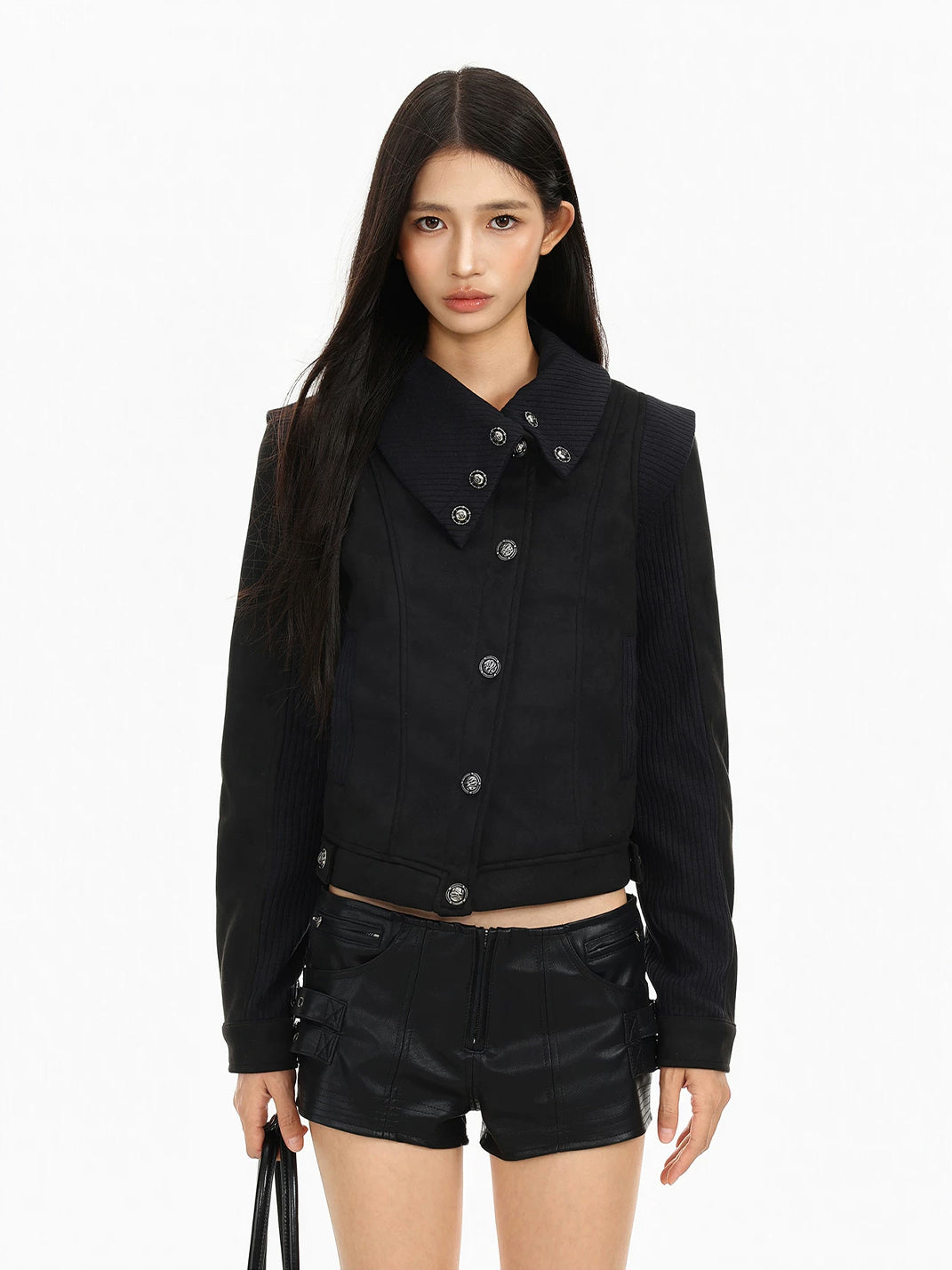 Ribbed Notched Collar Cropped Button Jacket - product view 4