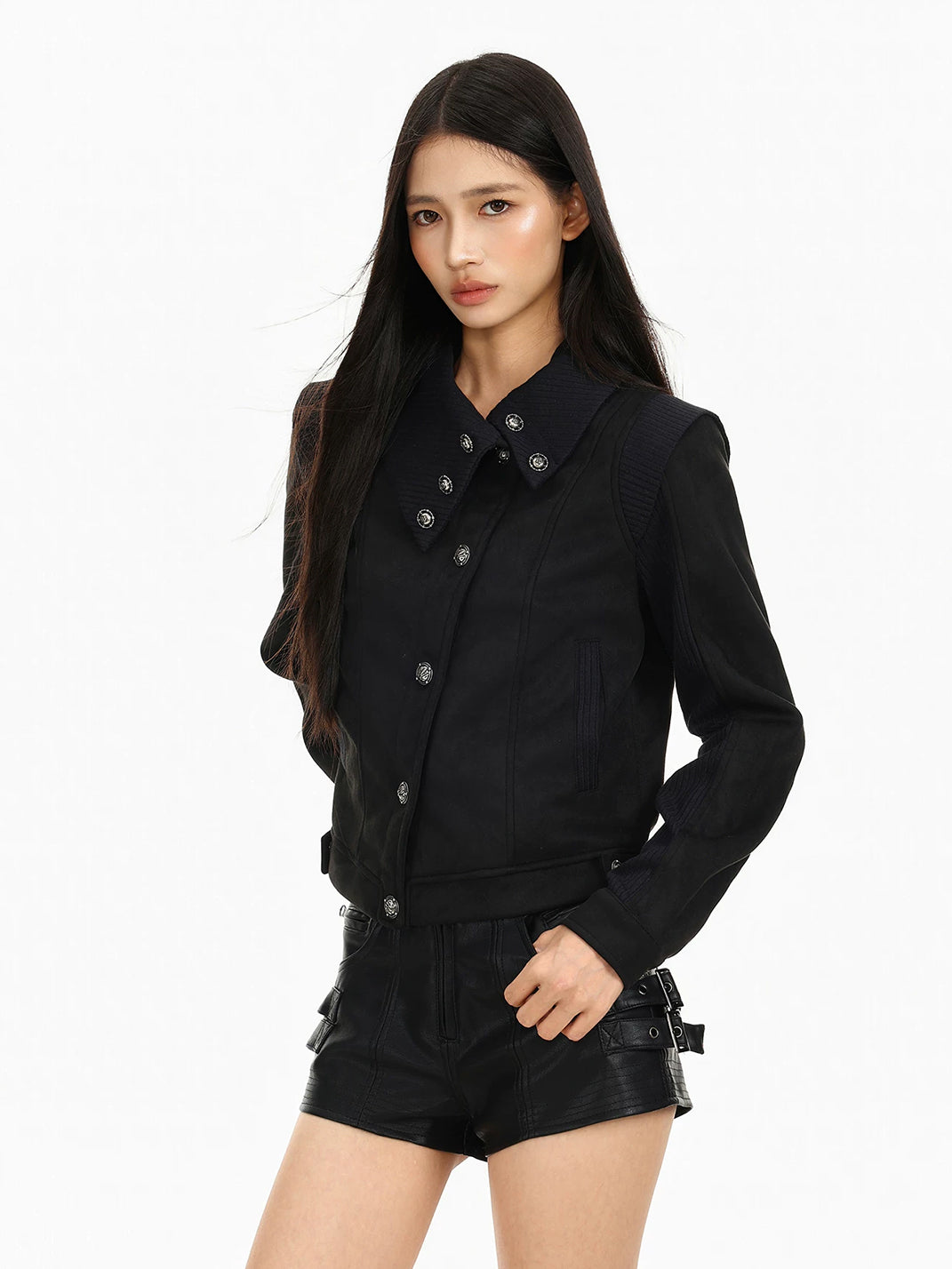 Ribbed Notched Collar Cropped Button Jacket - product view 6