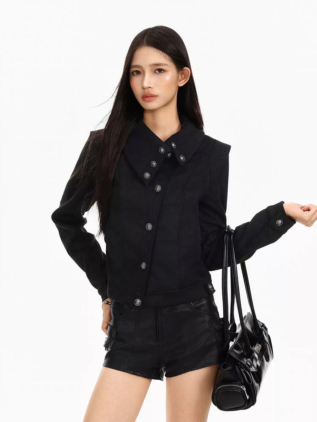 Ribbed Notched Collar Cropped Button Jacket - product view 7
