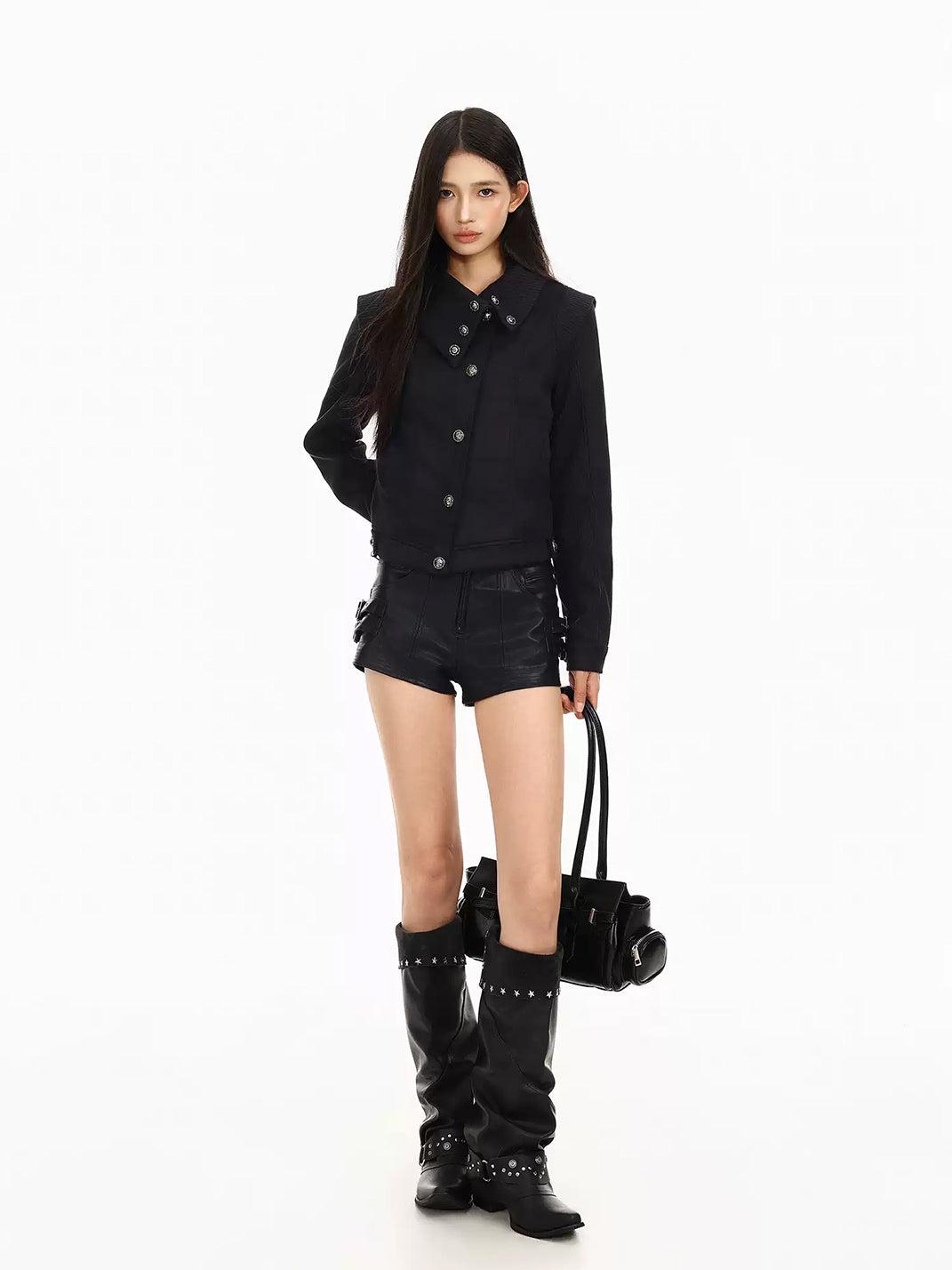 Ribbed Notched Collar Cropped Button Jacket - product view 8