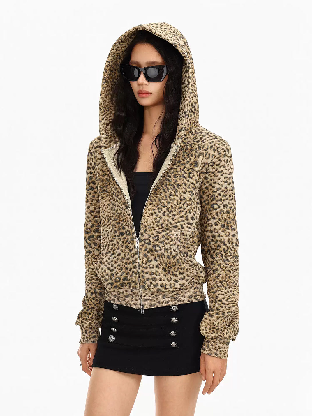 Leopard Cotton Pocket Hooded Zip Jacket - product view 2