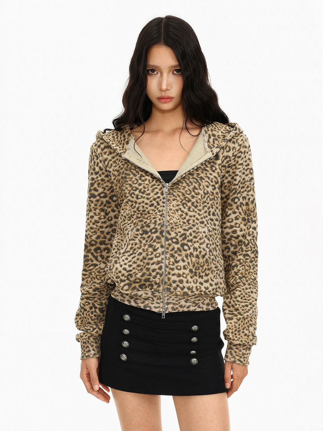 Leopard Cotton Pocket Hooded Zip Jacket - product view 3