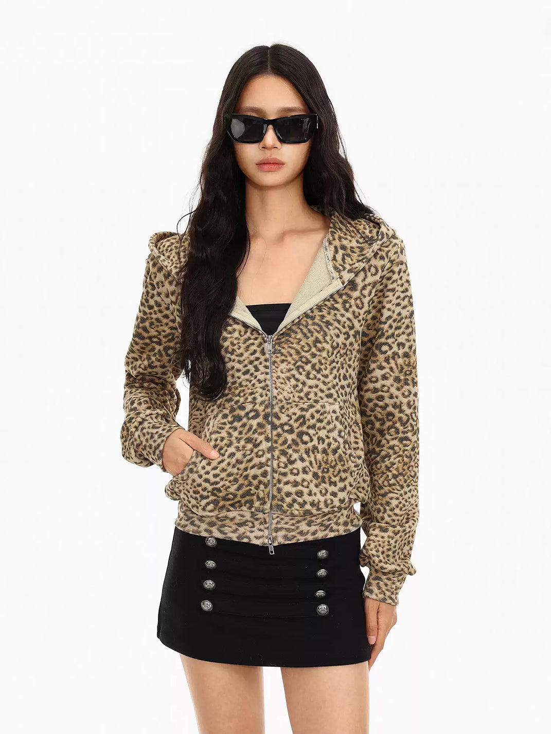 Leopard Cotton Pocket Hooded Zip Jacket - product view 6