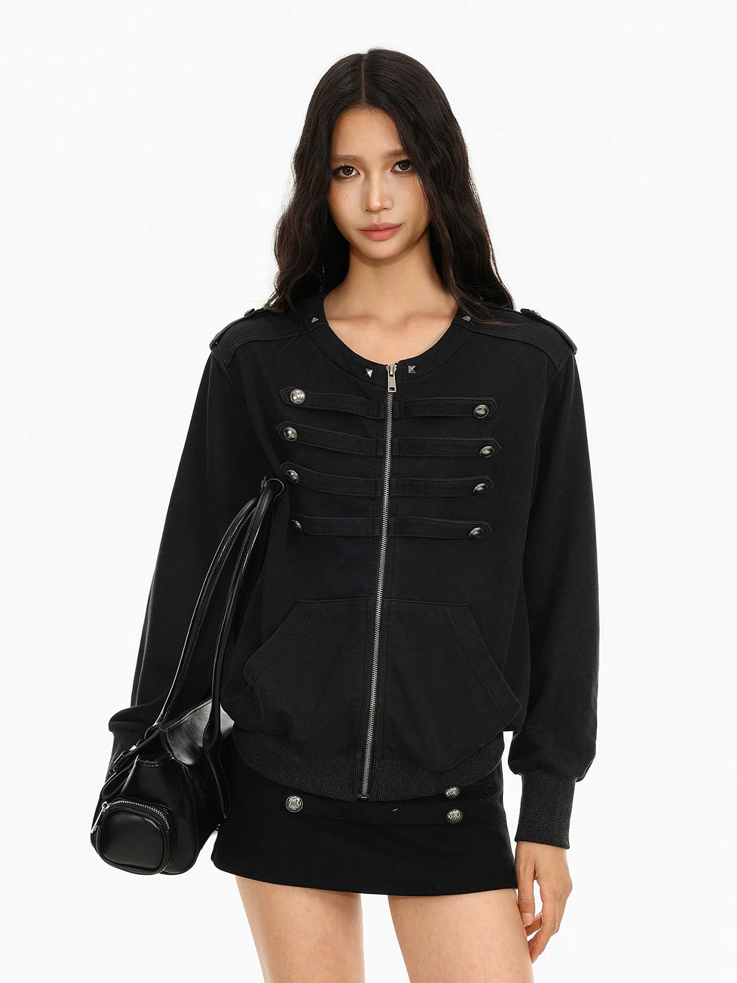 Round Neck Button Detail Zip Jacket - product view 5