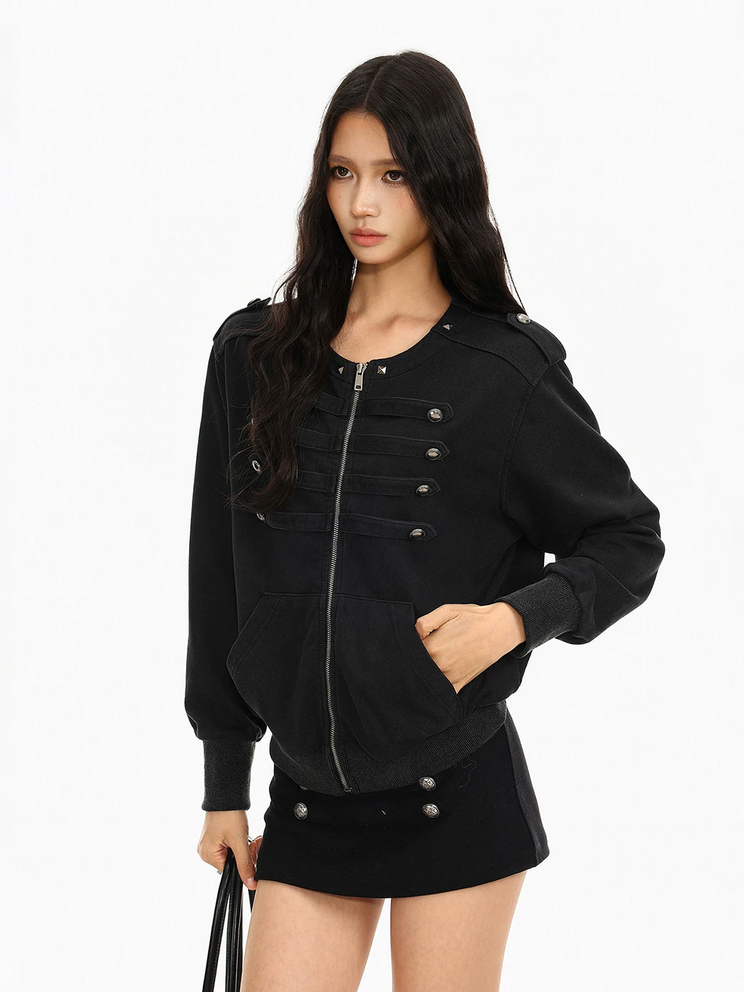 Round Neck Button Detail Zip Jacket - product view 6