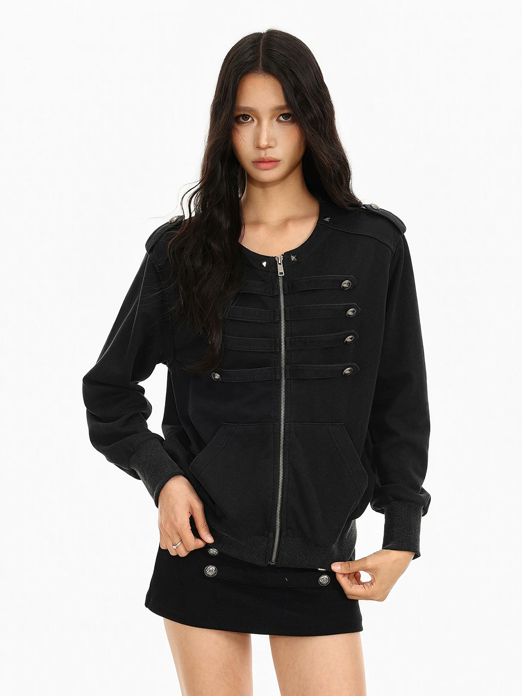 Round Neck Button Detail Zip Jacket - product view 7