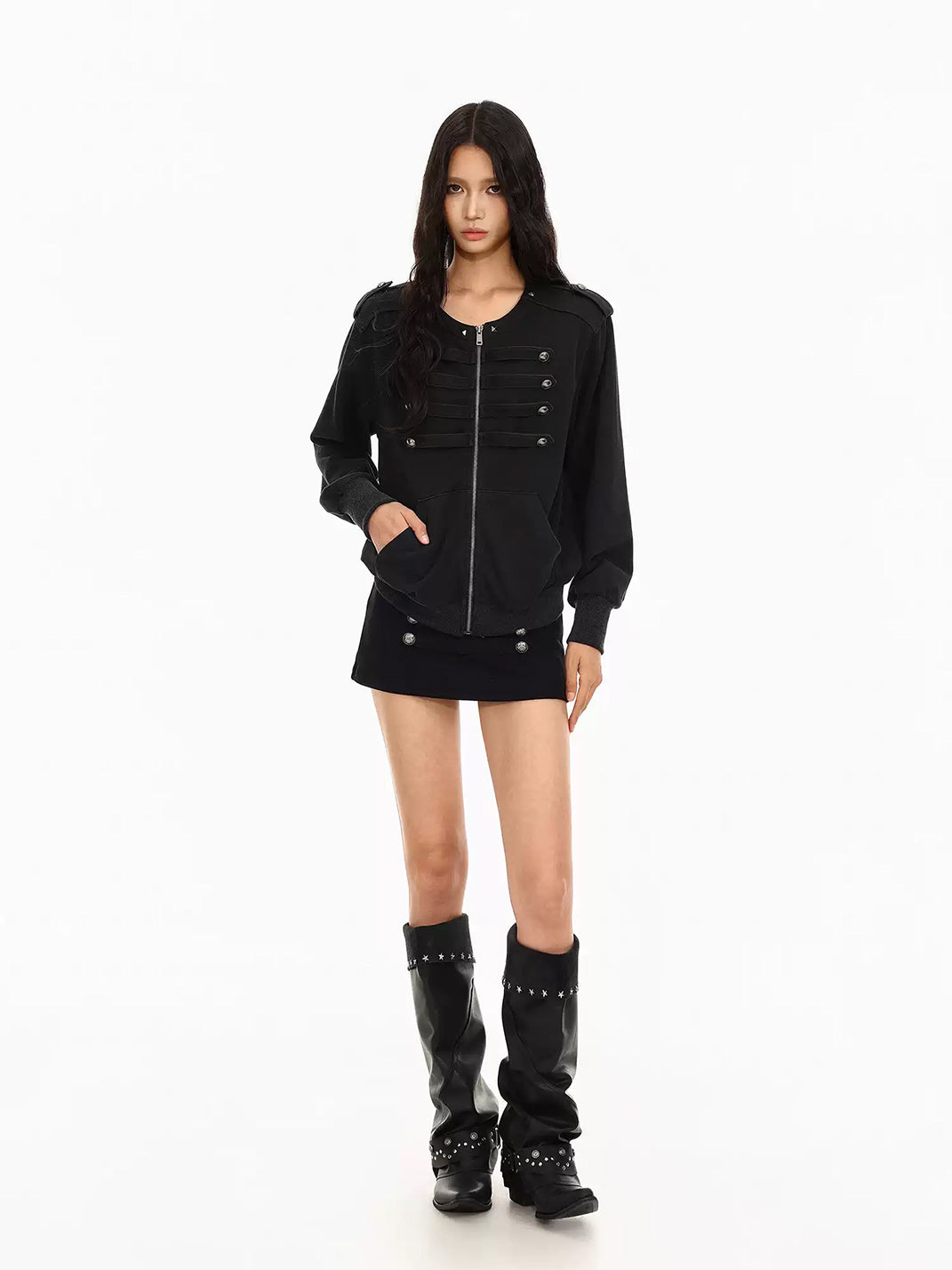 Round Neck Button Detail Zip Jacket - product view 9