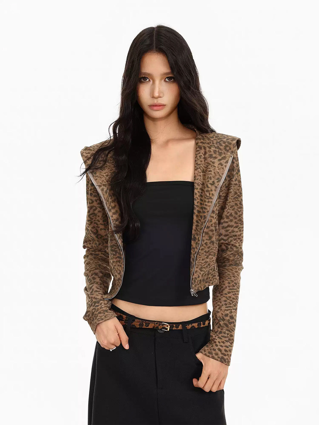 Fitted Leopard Print Cropped Zip Jacket - product view 2