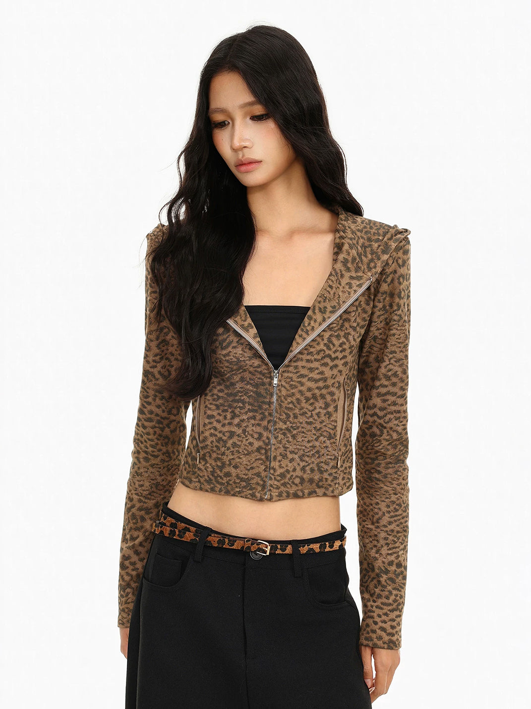 Fitted Leopard Print Cropped Zip Jacket - product view 6
