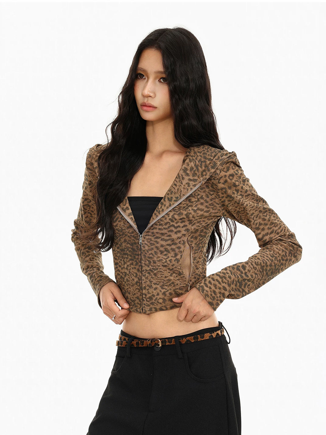 Fitted Leopard Print Cropped Zip Jacket - product view 7