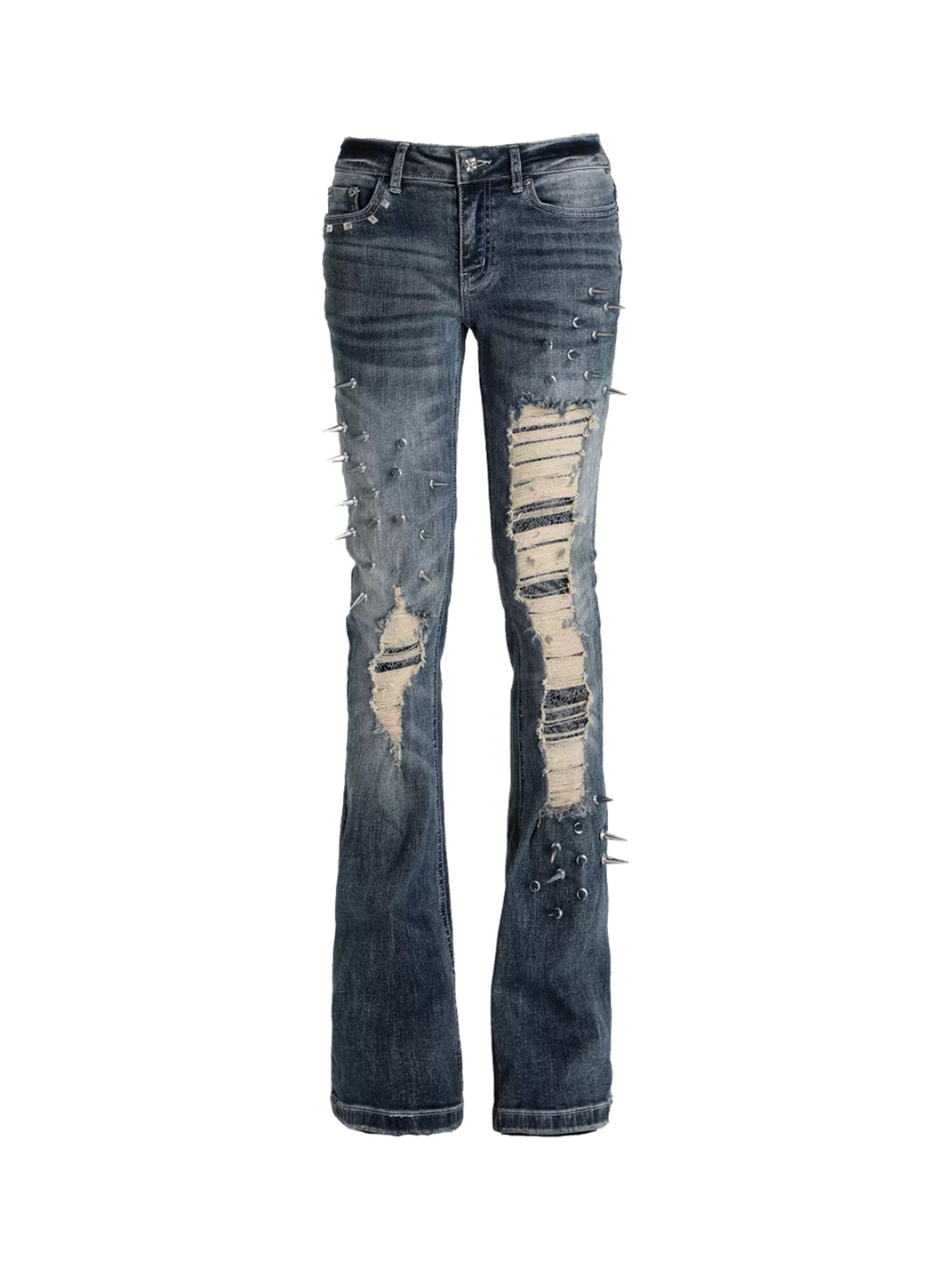 Spike Trim Distressed Blue Flare Jeans - view 1