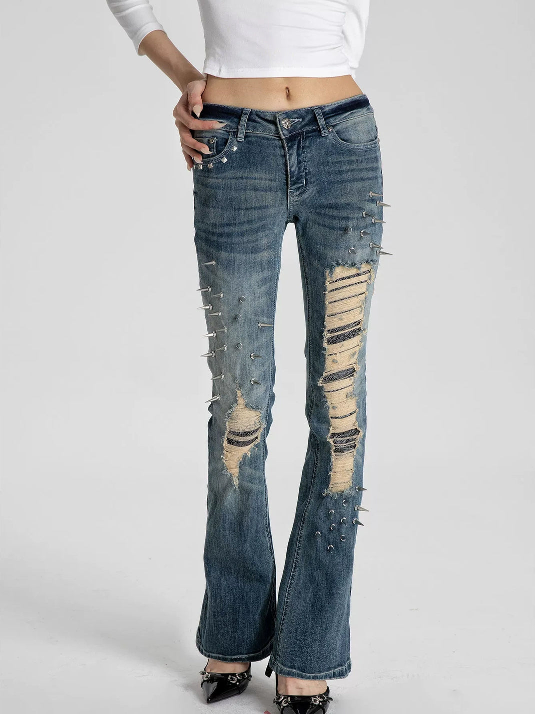 Spike Trim Distressed Blue Flare Jeans - view 2