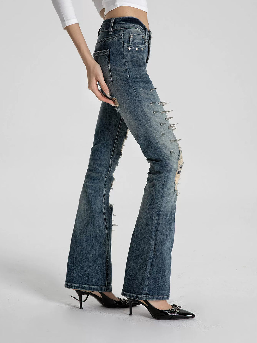 Spike Trim Distressed Blue Flare Jeans - view 3