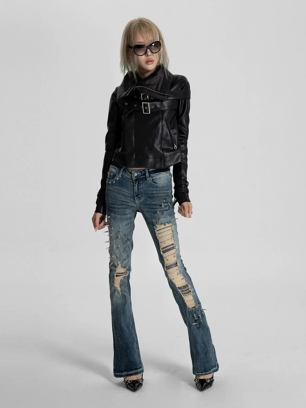 Spike Trim Distressed Blue Flare Jeans - view 7