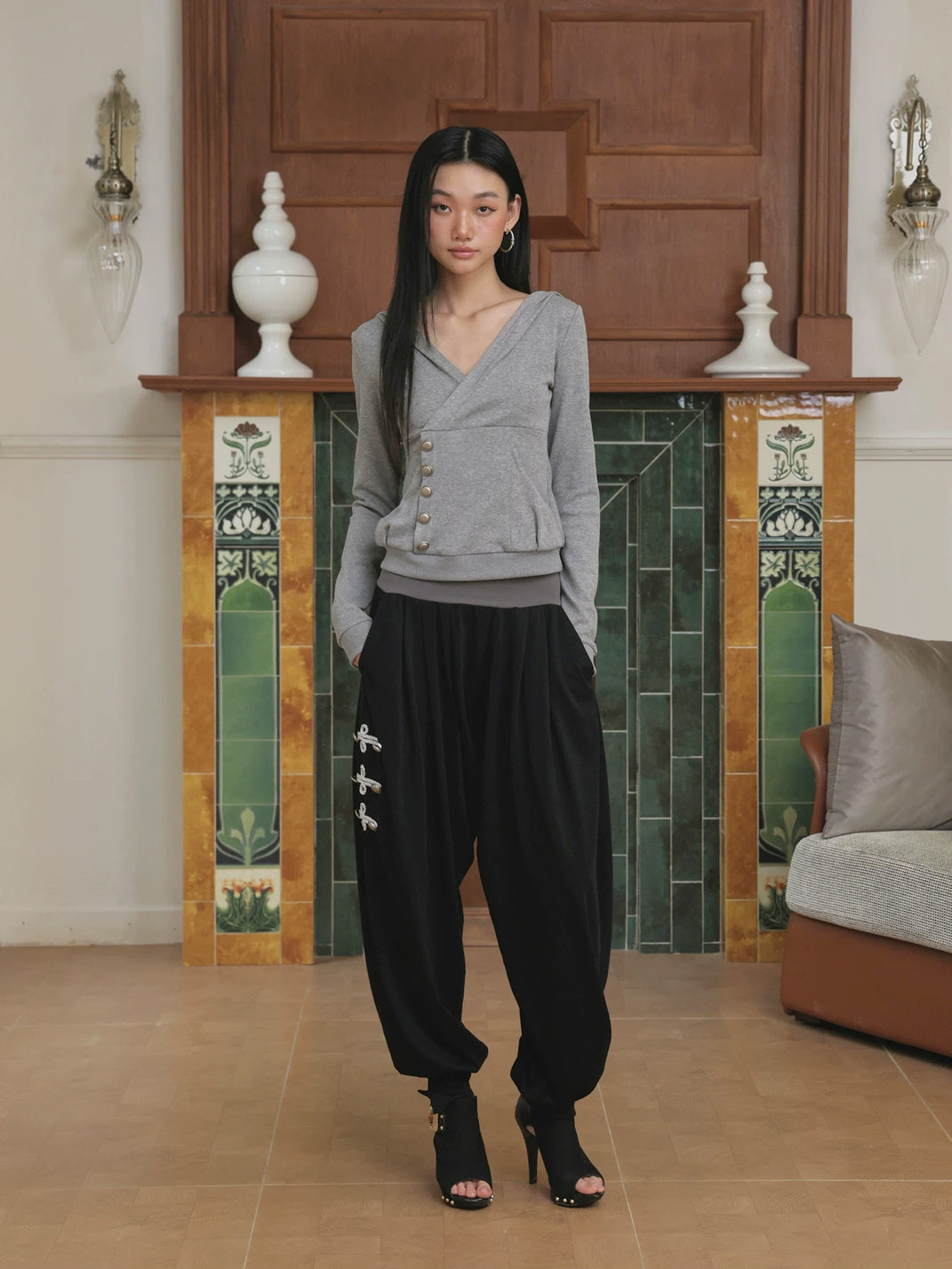Contrast Waist Knotted Harem Trousers - product view 5